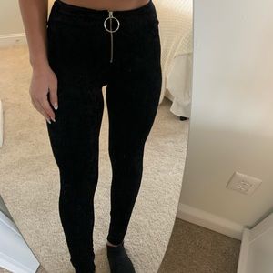 High Waisted Black Zip Velvet Leggings